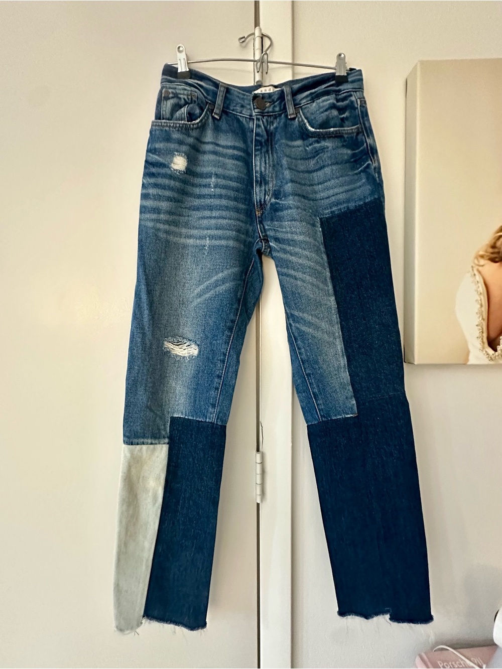 Patchwork Straight-Leg Jeans in Mixed Blue Denim